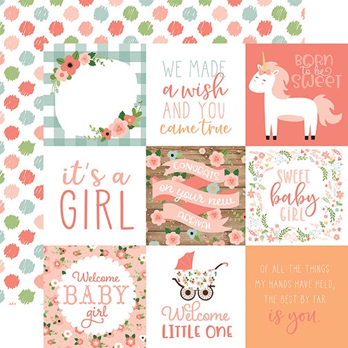 Echo Park:  12x12 Paper - Single Sheet - Baby Girl - 4x4 Journaling Cards