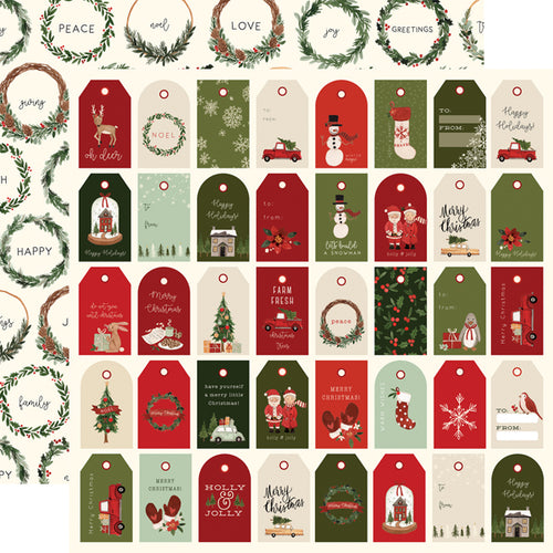 Carta Bella:  12x12 Paper - Double-Sided Single Sheet - Hello Christmas - Holiday Tags